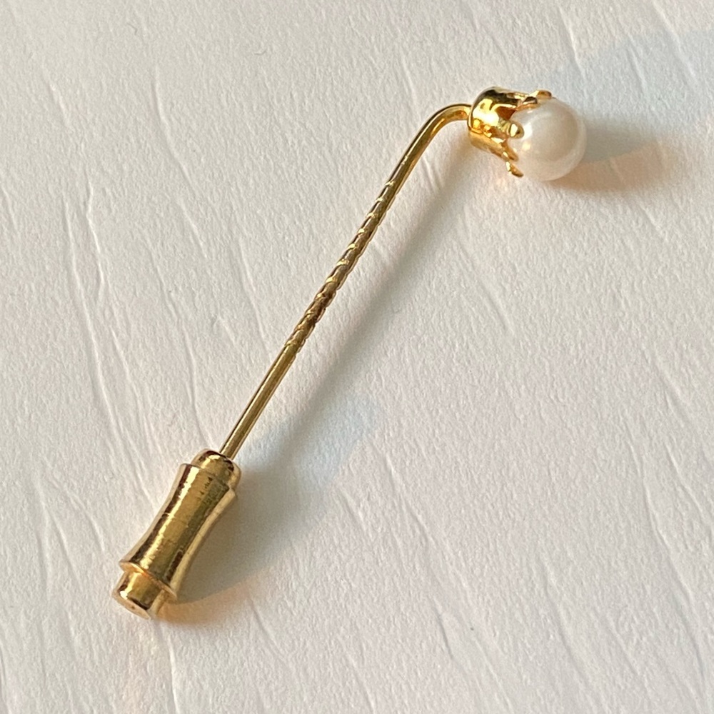 Vintage Glass Pearl Stick Pin Gold Tone Lapel Pin - Picture 4 of 6